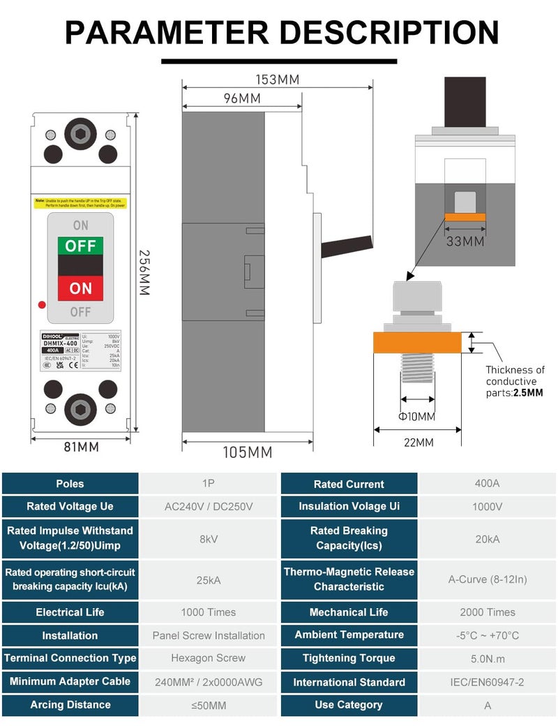 DIHOOL 400 Amp Heavy Duty Battery Disconnect Switch, DC Circuit Breaker for Car Audio RV Marine Boat Truck Trolling Motors - Image 2